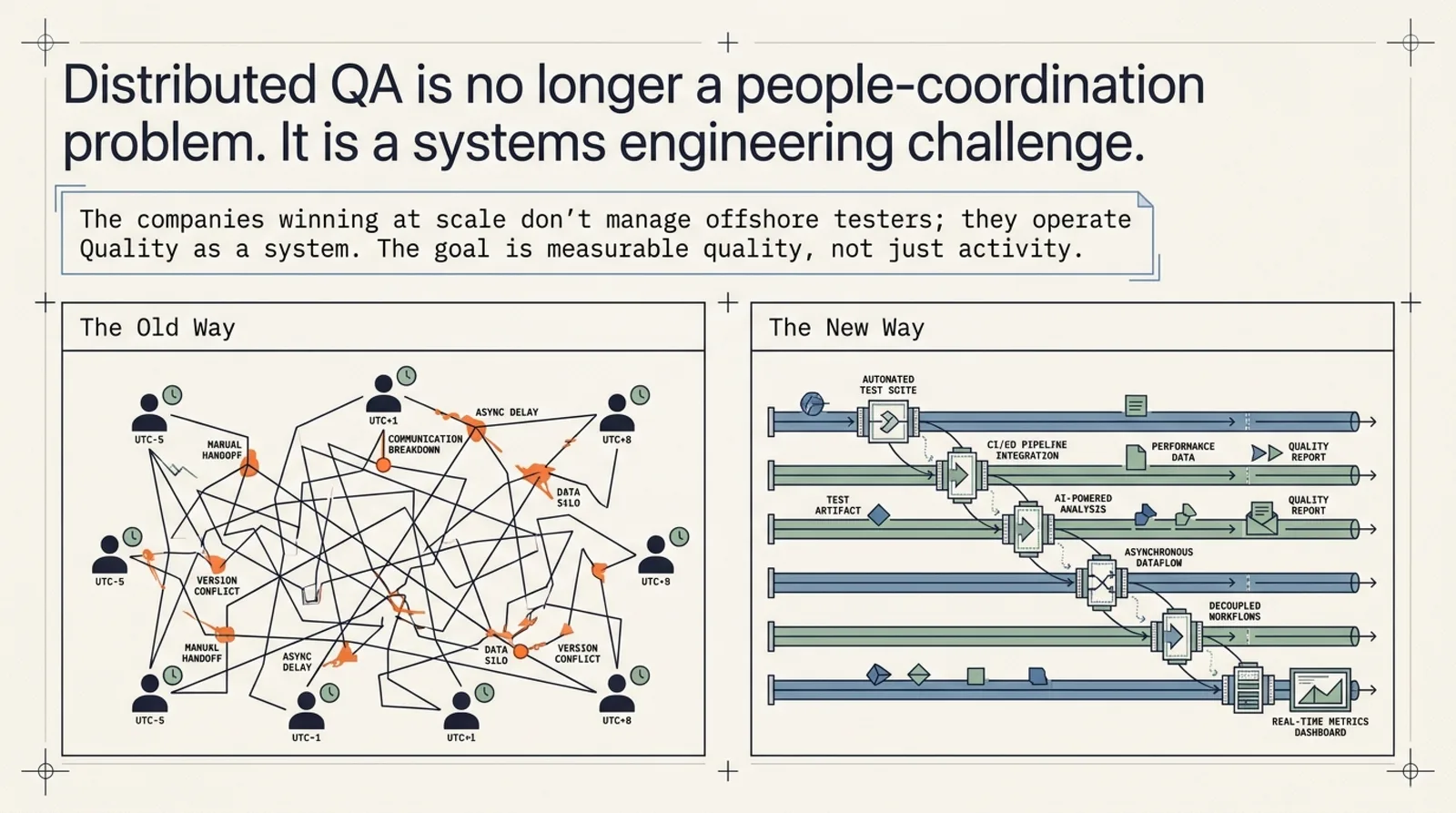 The old way — a tangle of manual handoffs and async delays across time zones — versus the new way: a single asynchronous machine