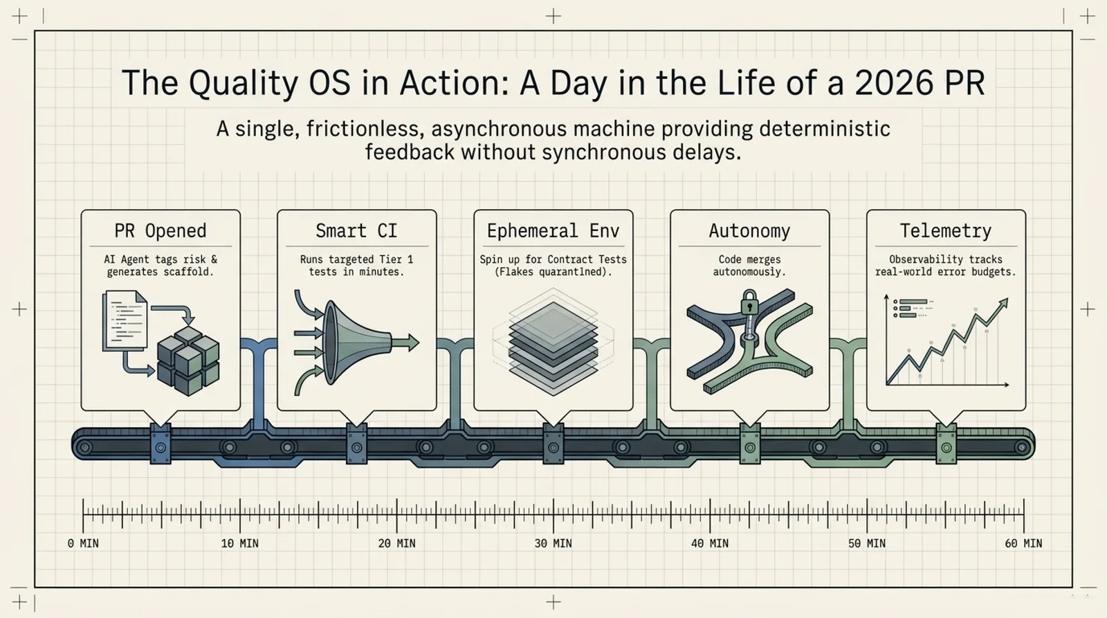 The Quality OS in action — a day in the life of a 2026 PR: opened, smart CI, ephemeral env, autonomous merge, telemetry, all inside 60 minutes