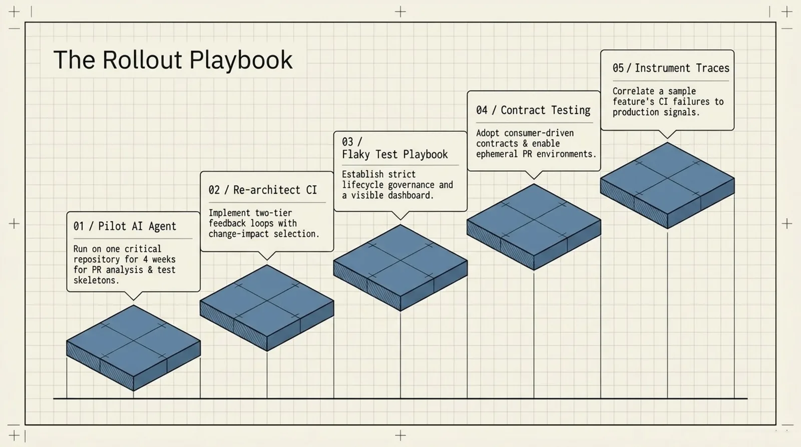 The rollout playbook — five ascending steps from piloting the AI agent through instrumenting traces